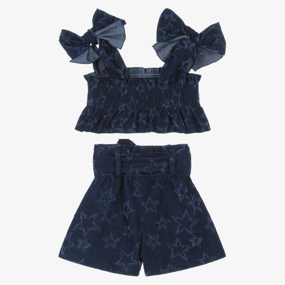 Phi Clothing-Комплект с шортами синий из денима с жаккардовыми звездами для девочек | Childrensalon