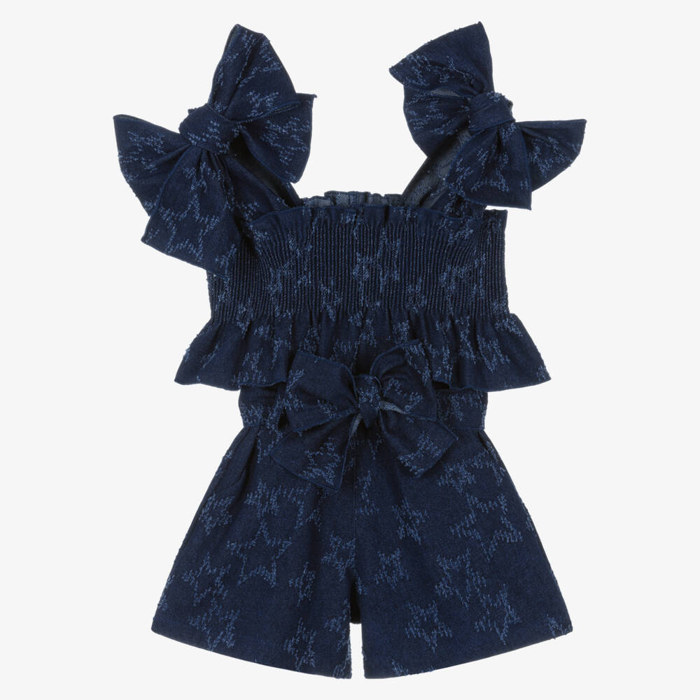 Phi Clothing-Girls Blue Denim Shorts Set with Jacquard Stars | Childrensalon
