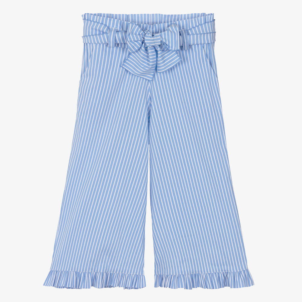 Phi Clothing-Girls Blue Stripe Trousers with Frill Trims | Childrensalon