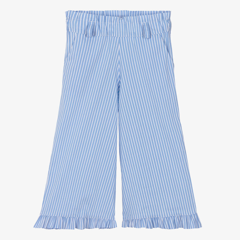 Phi Clothing-Girls Blue Stripe Trousers with Frill Trims | Childrensalon