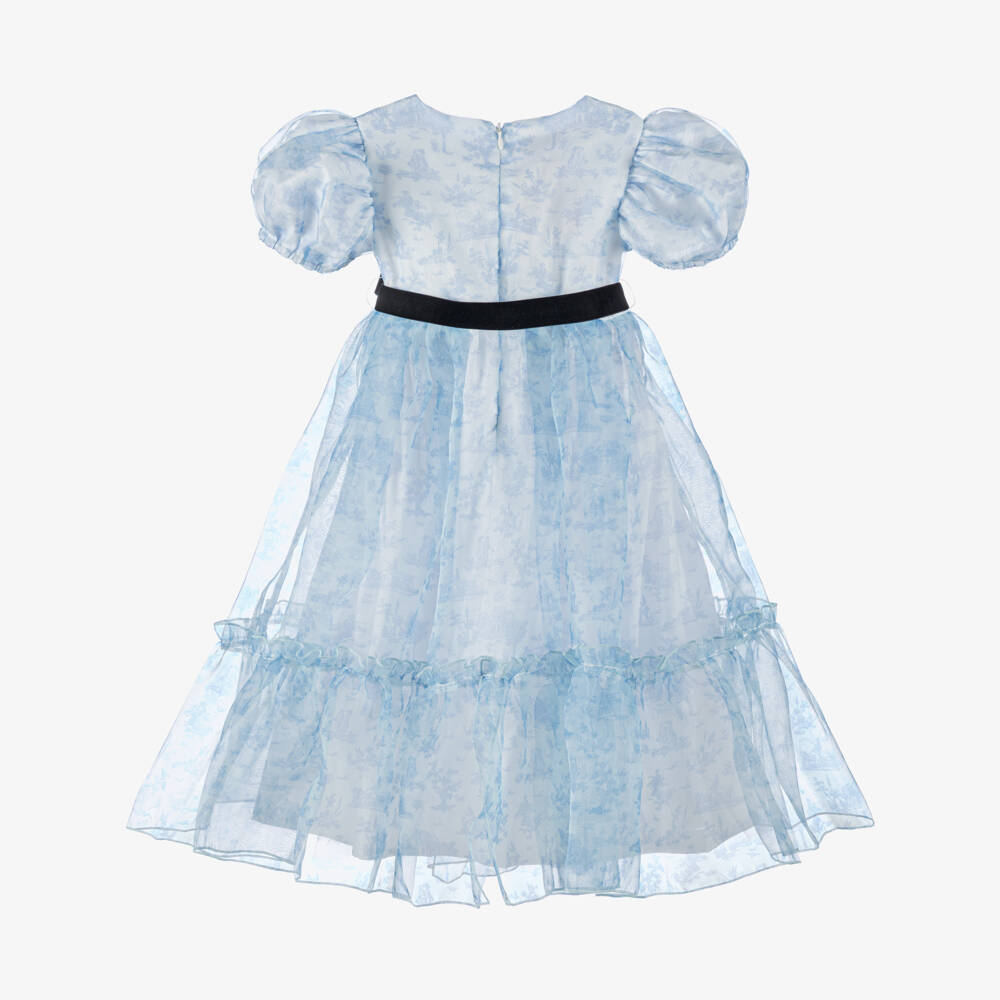 Phi Clothing-Girls Blue Toile De Jouy Organza Dress | Childrensalon