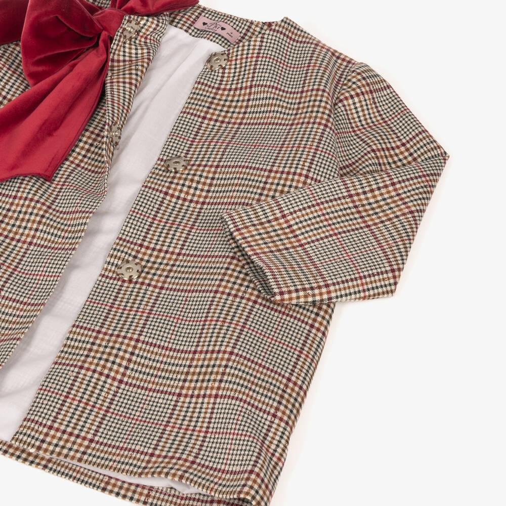 Phi Clothing-Girls Brown & Burgundy Check Coat with Velvet Bow | Childrensalon