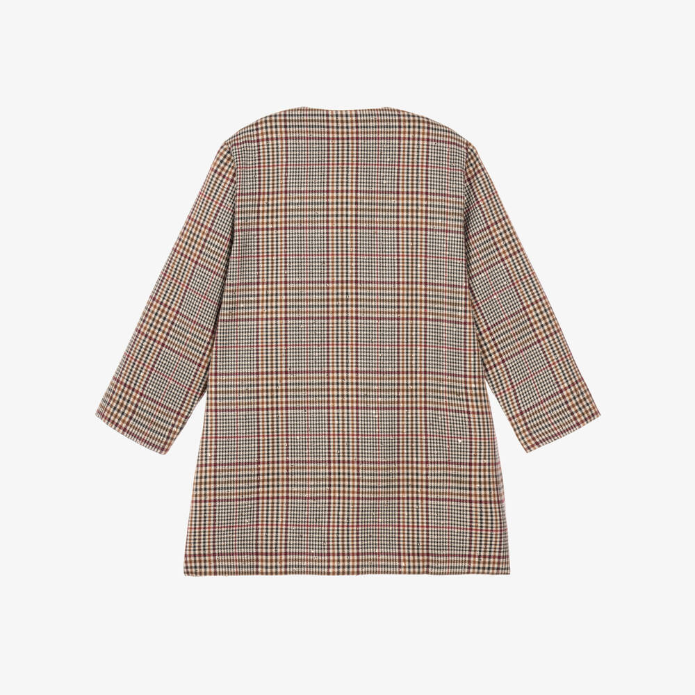 Phi Clothing-Girls Brown & Burgundy Check Coat with Velvet Bow | Childrensalon