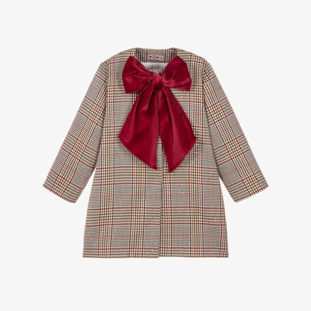 Phi Clothing-Girls Brown & Burgundy Check Coat with Velvet Bow  | Childrensalon
