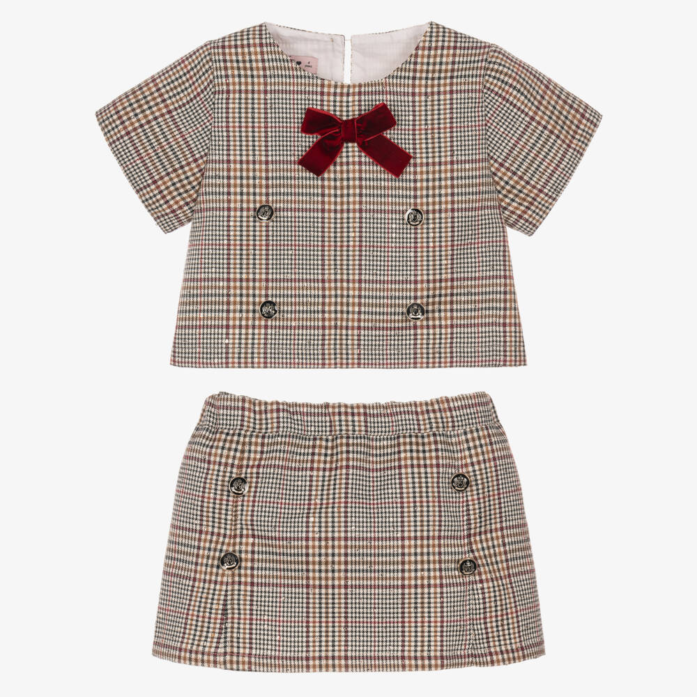 Phi Clothing-Girls Brown & Burgundy Check Skirt Set | Childrensalon