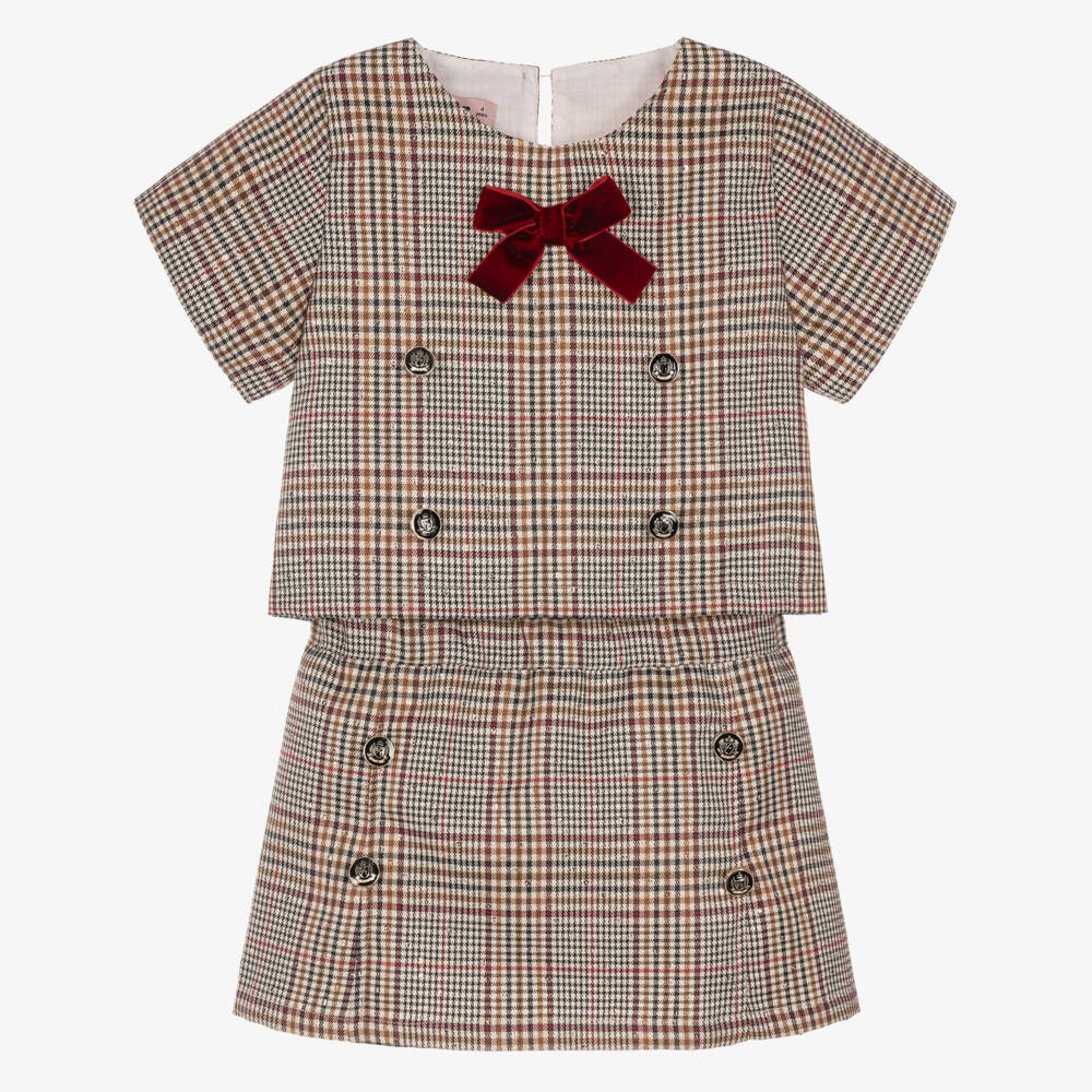 Phi Clothing-Girls Brown & Burgundy Check Skirt Set | Childrensalon