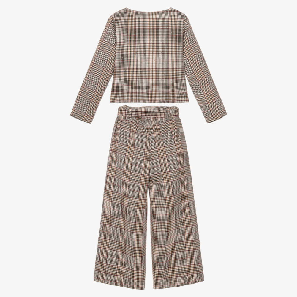 Phi Clothing-Girls Brown & Burgundy Check Trouser Set | Childrensalon