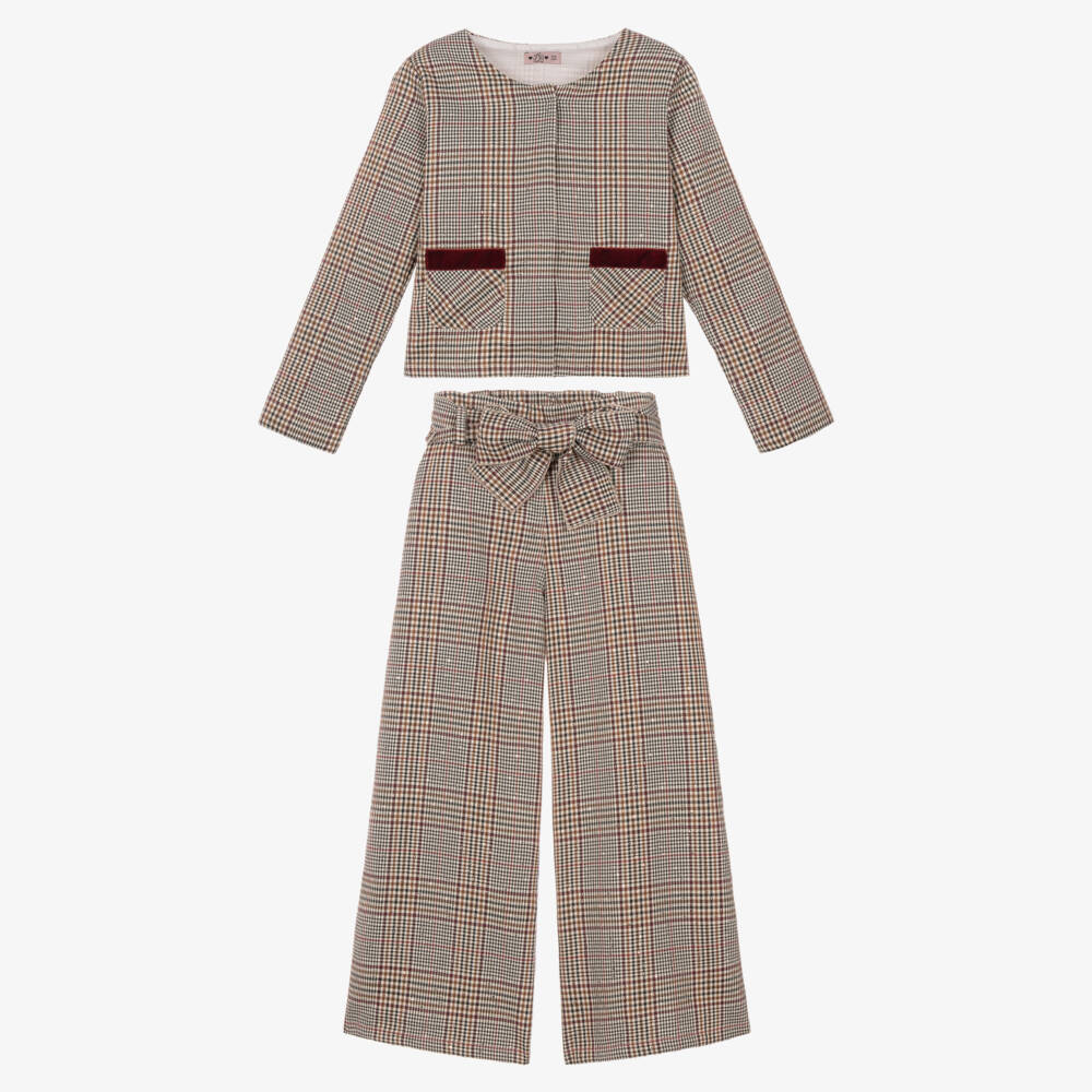 Phi Clothing-Girls Brown & Burgundy Check Trouser Set | Childrensalon