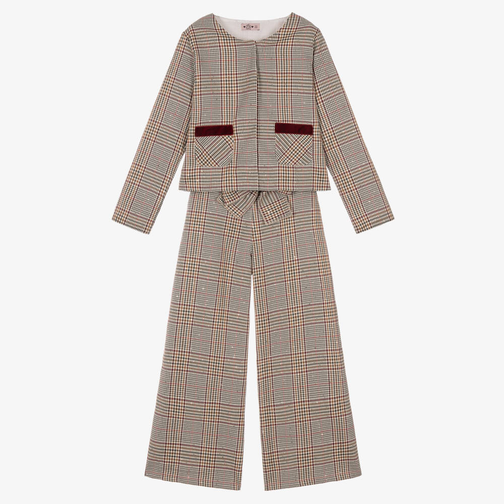 Phi Clothing-Girls Brown & Burgundy Check Trouser Set | Childrensalon