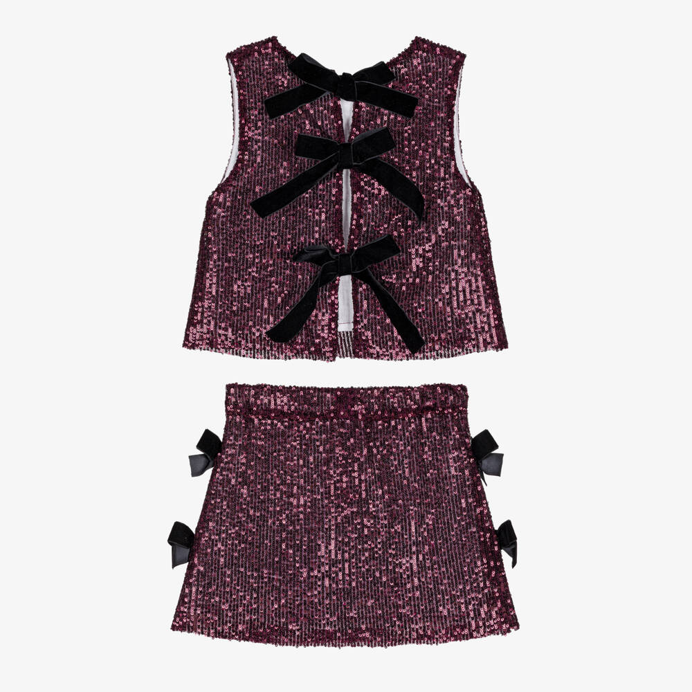 Phi Clothing-Girls Burgundy Red Sequinned Tulle & Velvet Bow Skirt Set | Childrensalon
