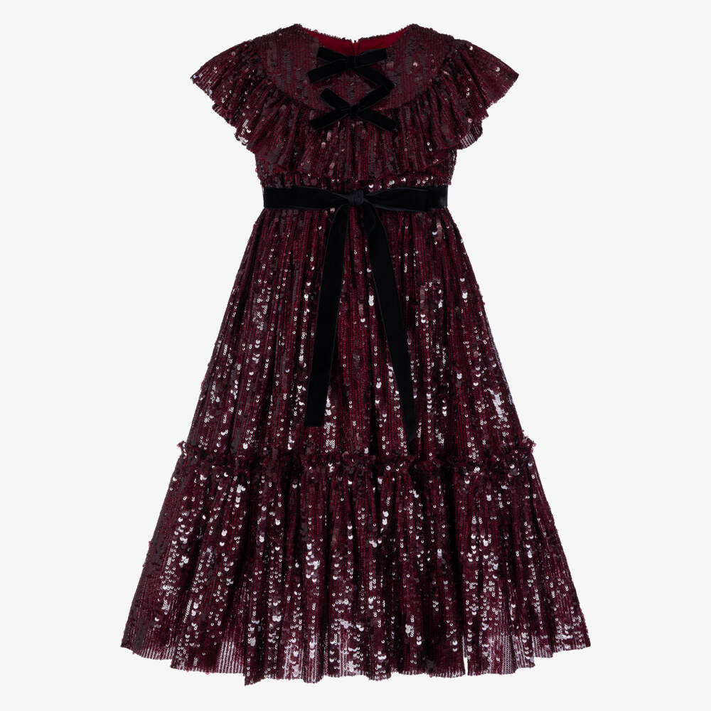 Phi Clothing-Girls Burgundy Sequin Dress with Velvet Bows | Childrensalon