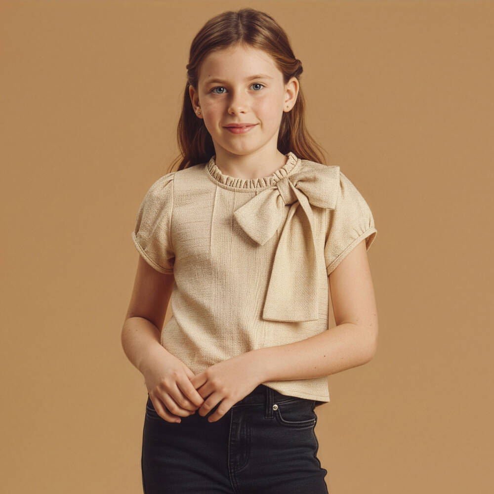 Phi Clothing-Girls Gold Blouse with Ruffle Collar & Bow | Childrensalon