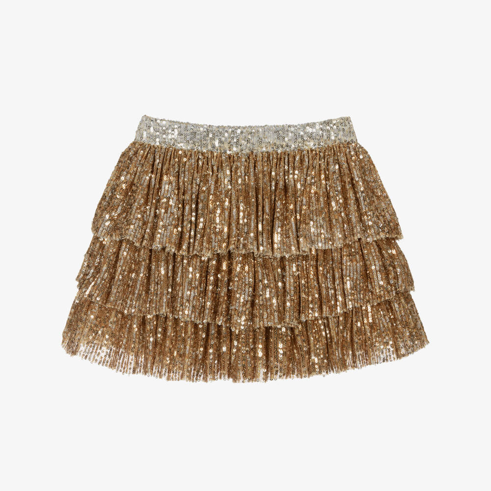Phi Clothing-Girls Gold Sequin Tulle Ruffle Skirt | Childrensalon
