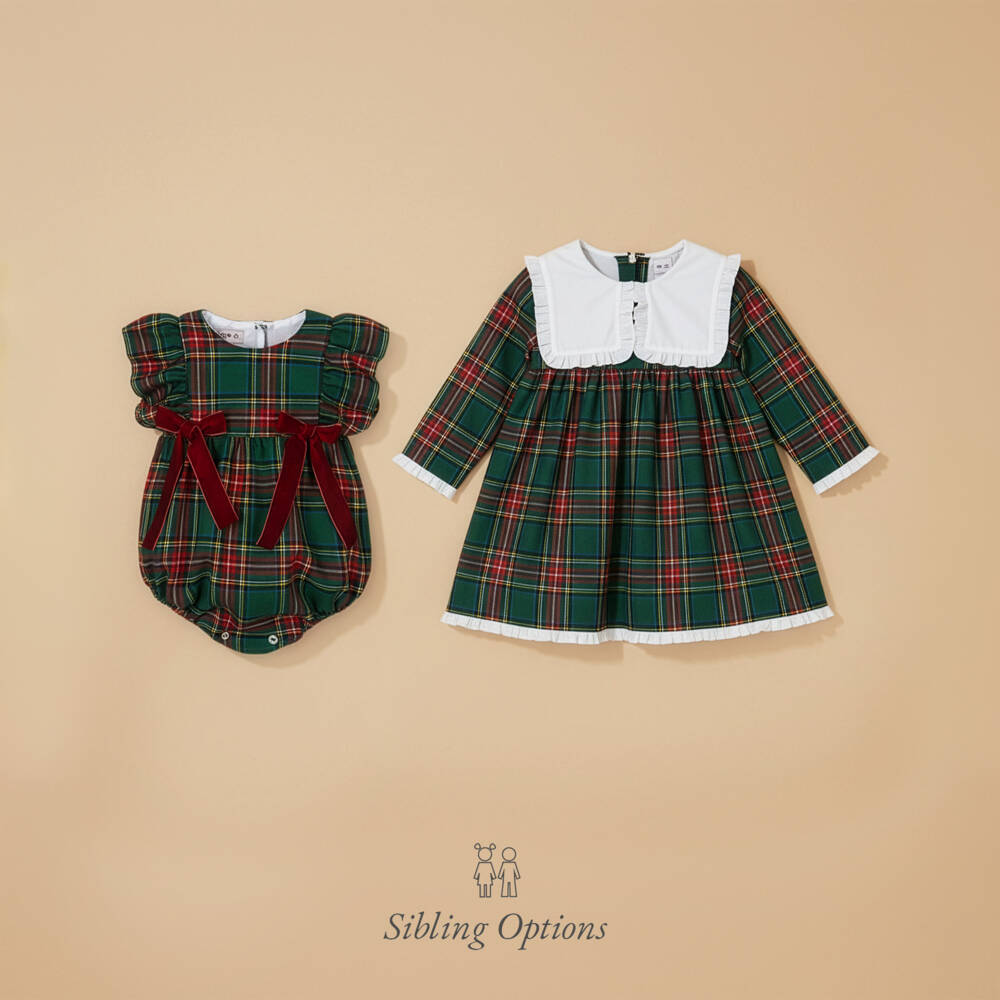 Phi Clothing-Girls Green & Red Tartan Shortie with Red Velvet Bows | Childrensalon