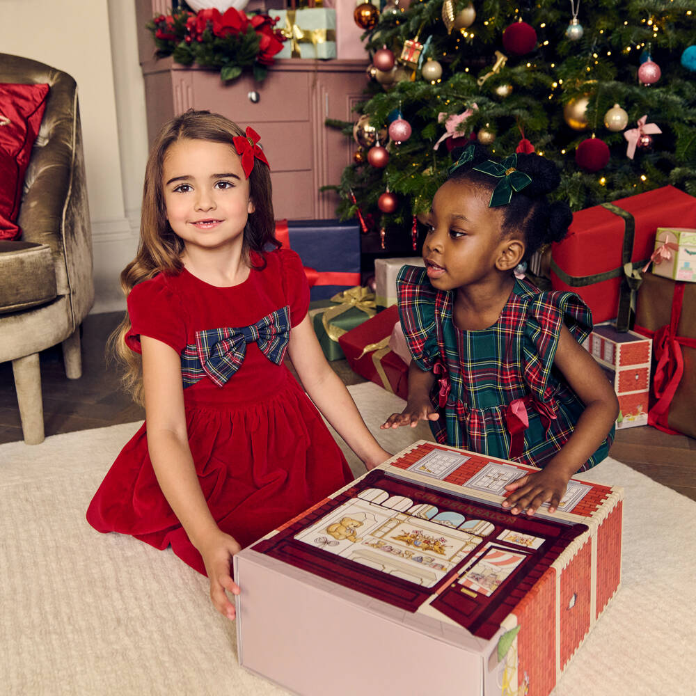 Phi Clothing-Girls Green & Red Tartan Shortie with Red Velvet Bows | Childrensalon