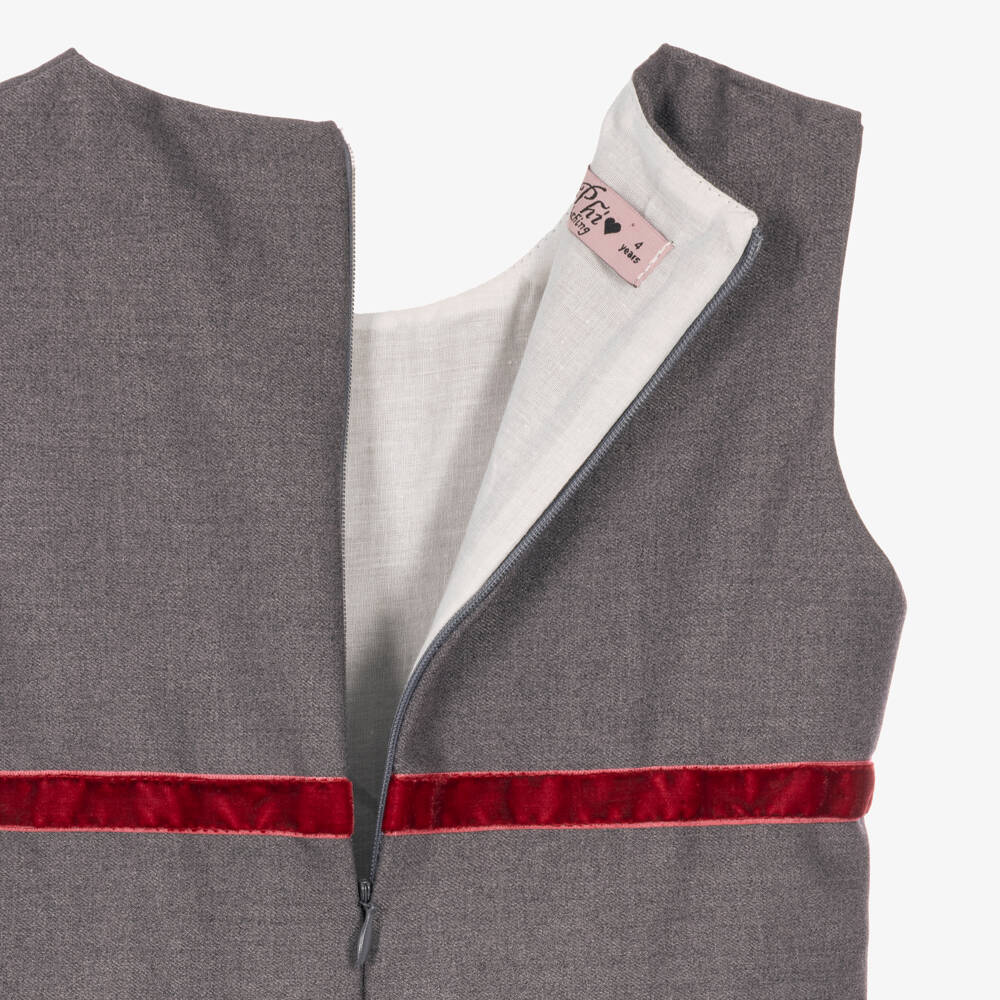 Phi Clothing-Girls Grey Dress with Burgundy Velvet Trims | Childrensalon