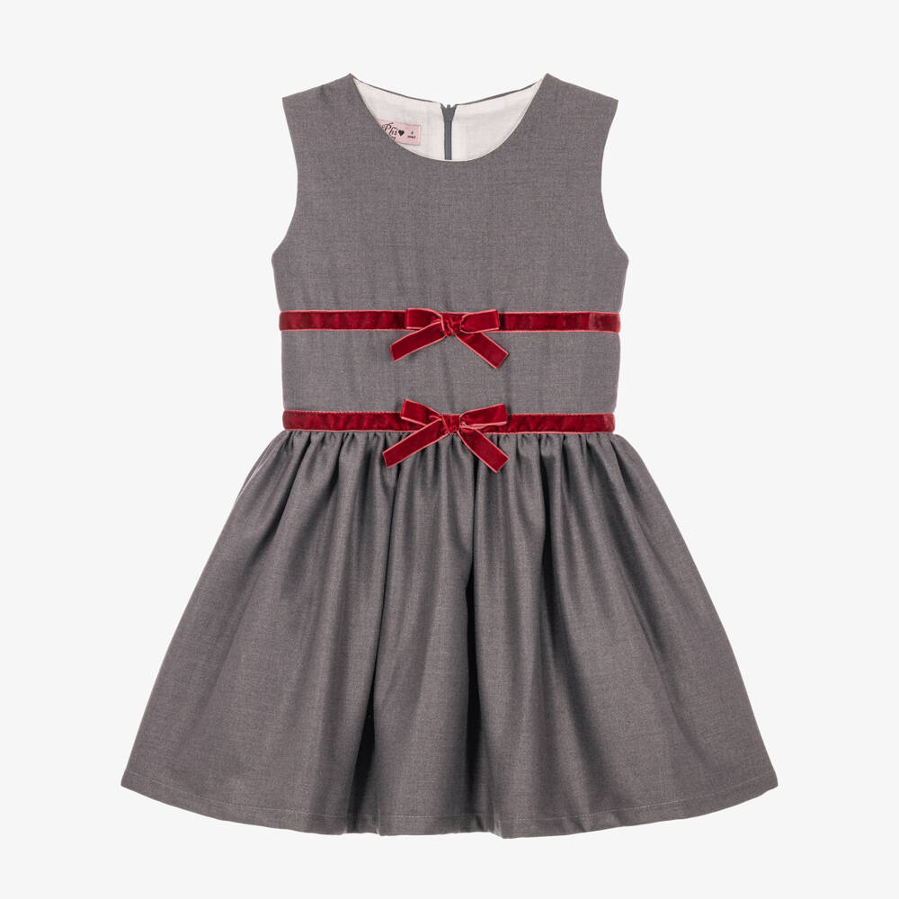 Phi Clothing-Girls Grey Dress with Burgundy Velvet Trims | Childrensalon