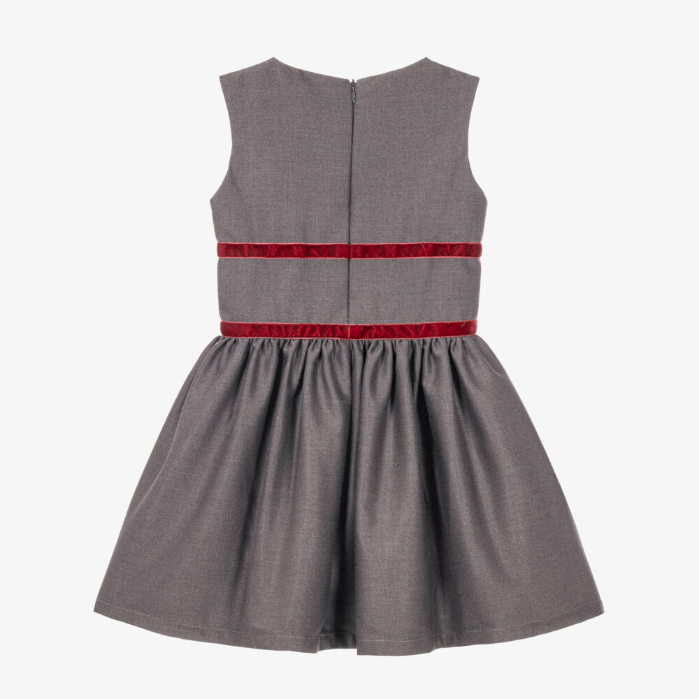 Phi Clothing-Girls Grey Dress with Burgundy Velvet Trims | Childrensalon