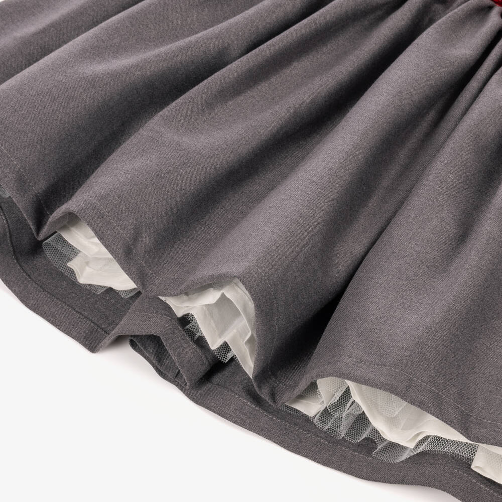 Phi Clothing-Girls Grey Dress with Burgundy Velvet Trims | Childrensalon