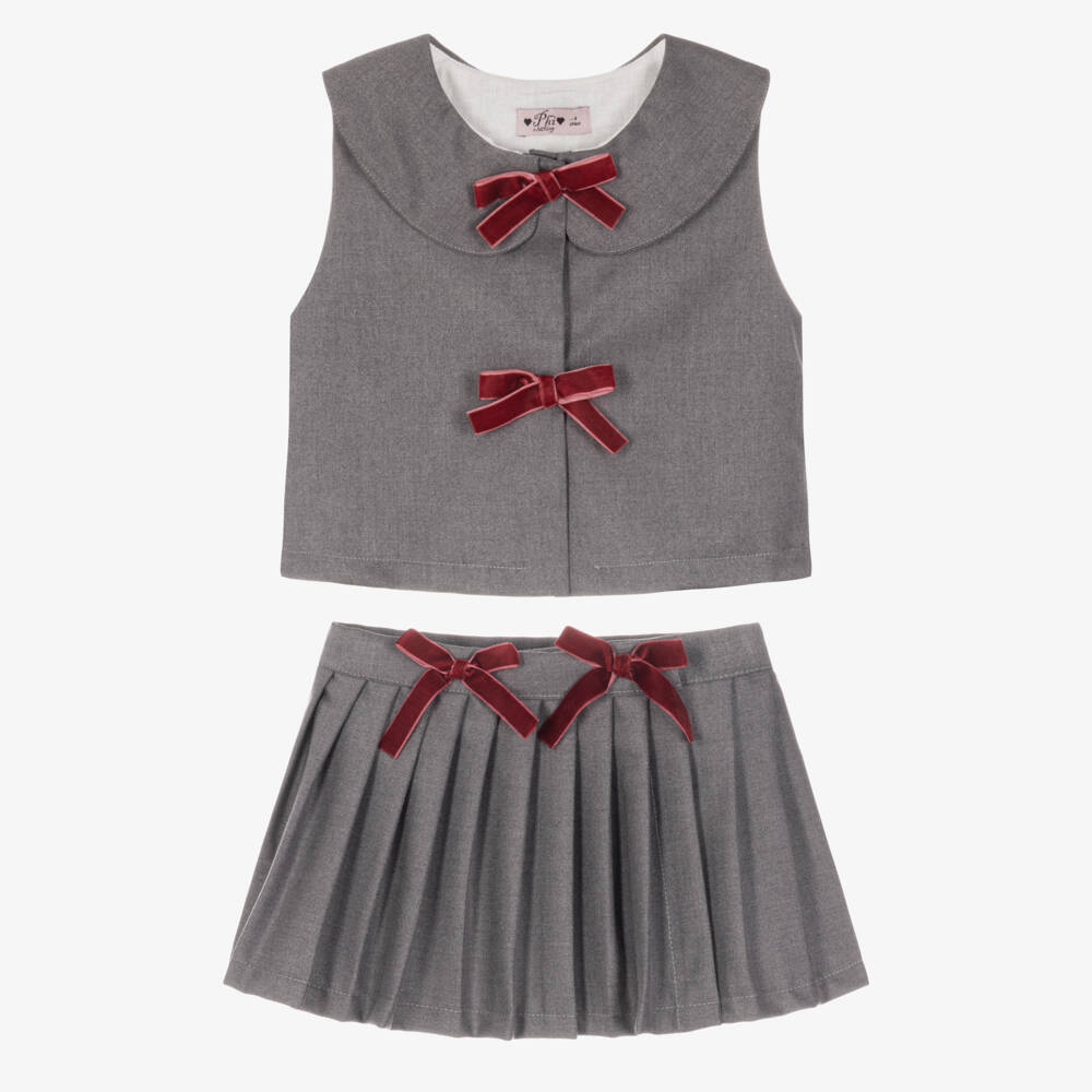 Phi Clothing-Girls Grey Pleated Skirt Set With Burgundy Bows | Childrensalon