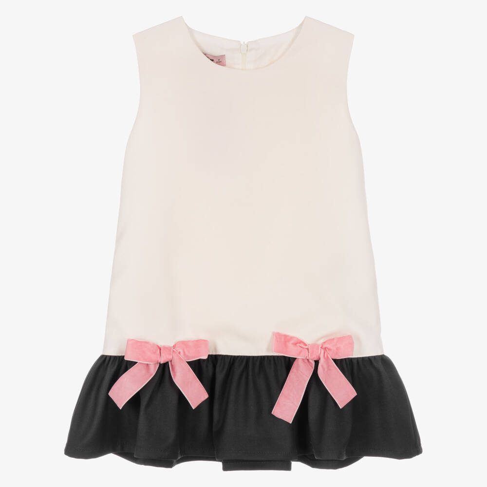 Phi Clothing-Girls Ivory & Black Dress with Pink Velvet Bows | Childrensalon
