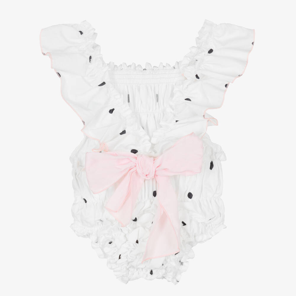 Phi Clothing-Girls Ivory & Black Polka Dot Ruched Cotton Shortie | Childrensalon