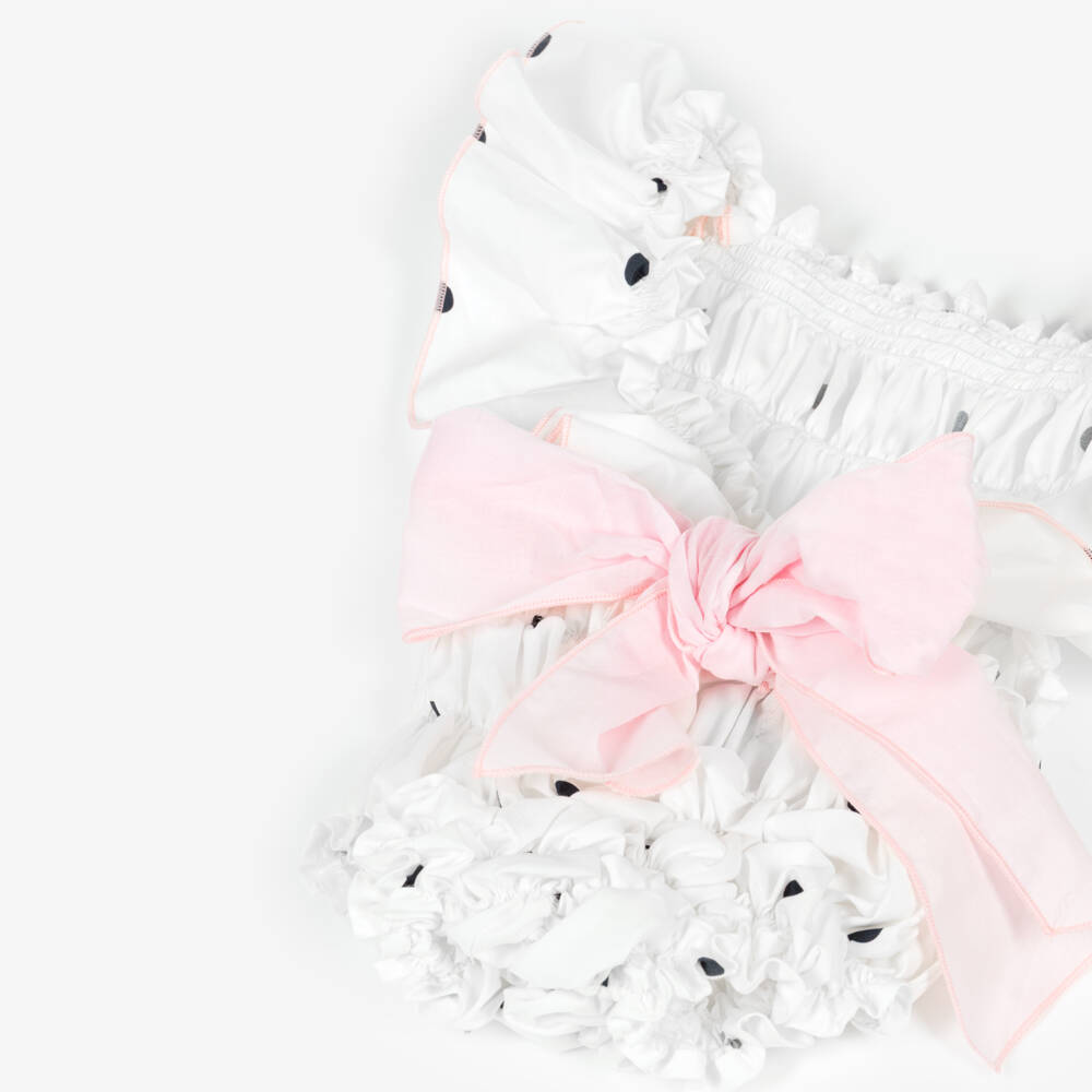 Phi Clothing-Girls Ivory & Black Polka Dot Ruched Cotton Shortie | Childrensalon