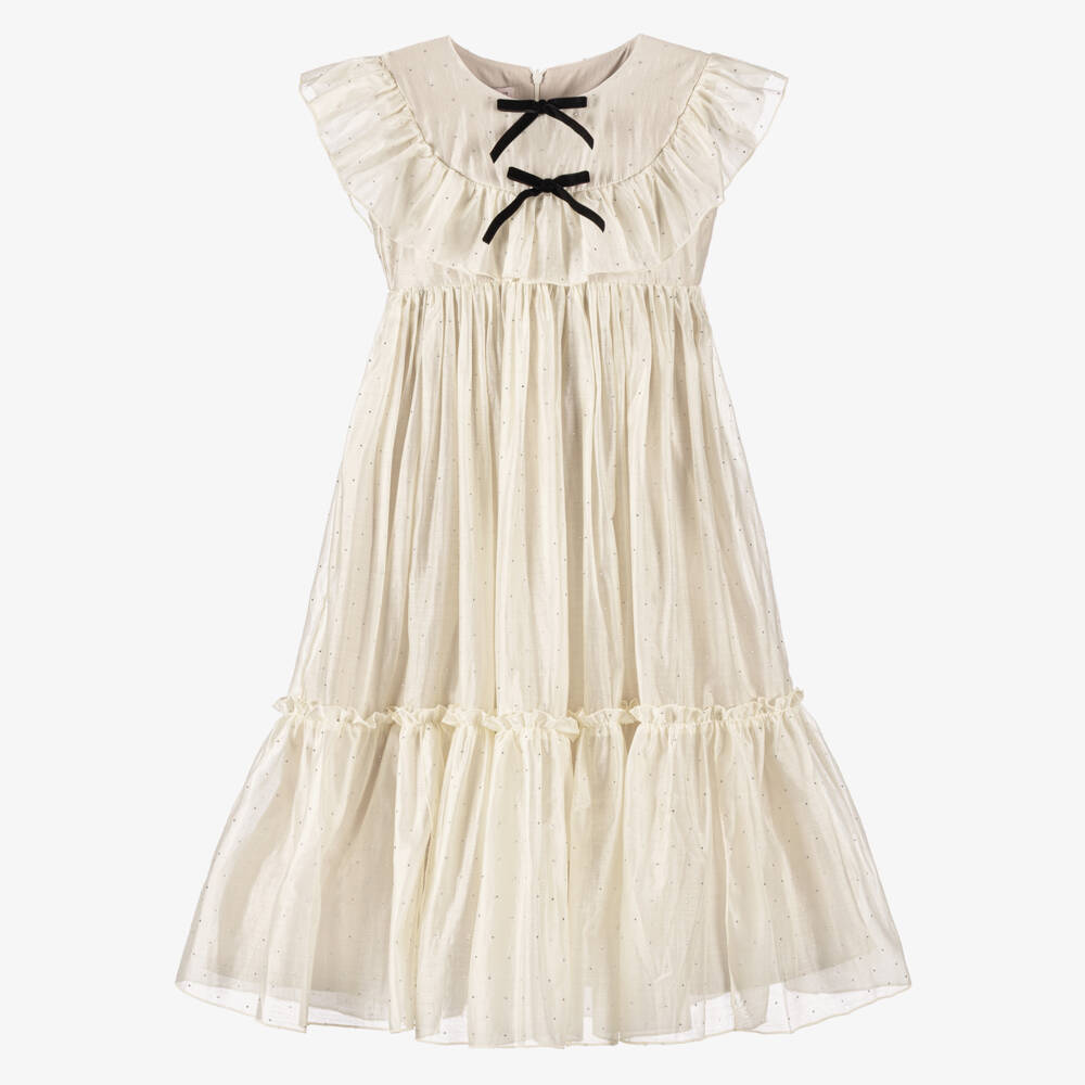 Phi Clothing-Платье кремовое из шифона и со стразами с черными бархатными бантами для девочек | Childrensalon