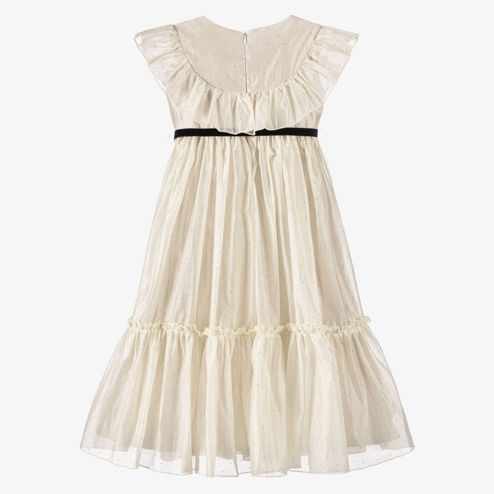 Phi Clothing-Платье кремовое из шифона и со стразами с черными бархатными бантами для девочек | Childrensalon