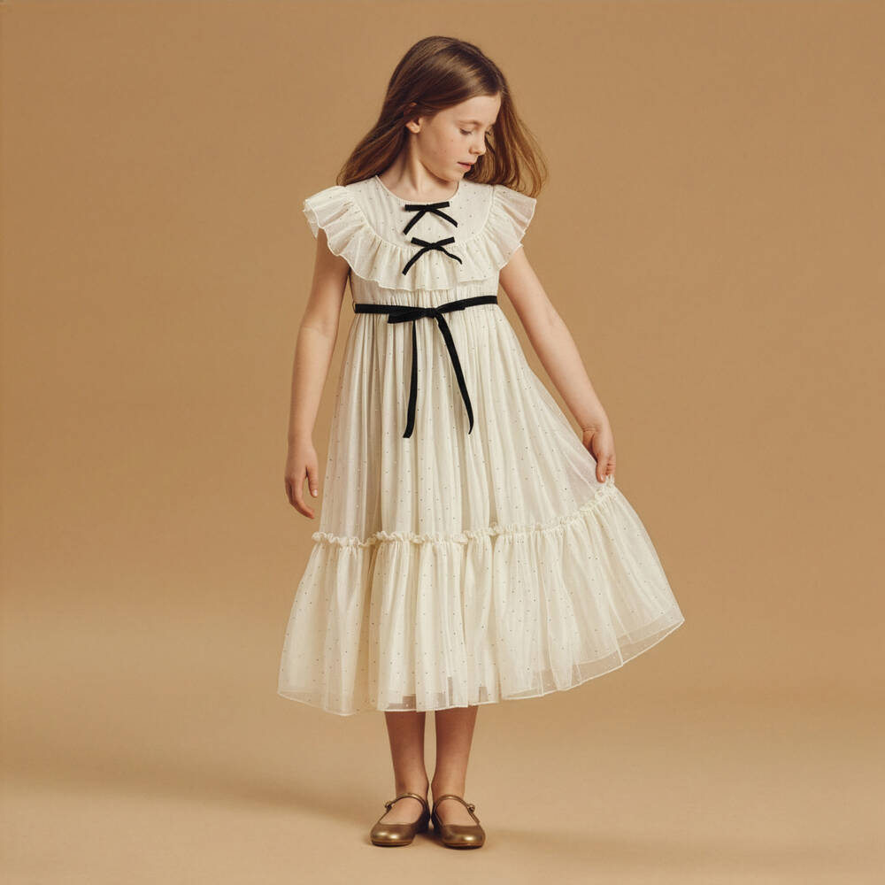 Phi Clothing-Girls Ivory Chiffon & Diamanté Dress with Black Velvet Bows | Childrensalon