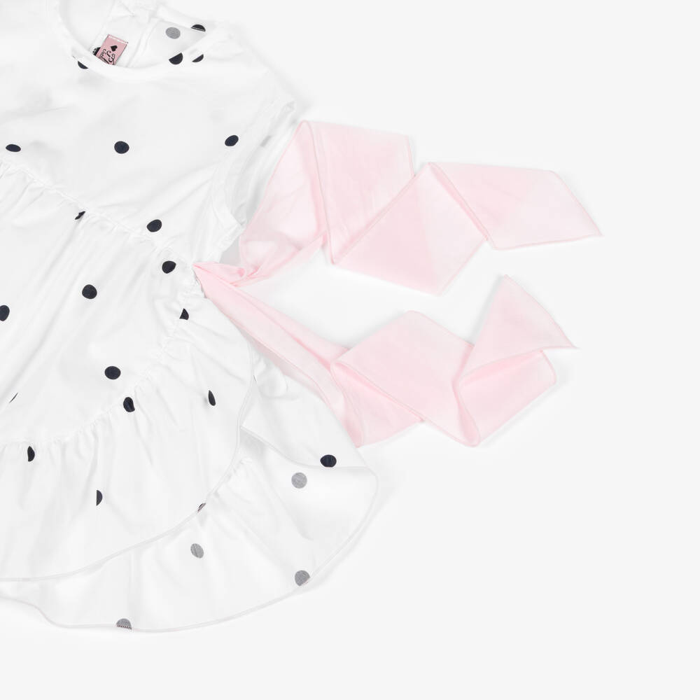 Phi Clothing-Girls Ivory Cotton Polka Dot Blouse with Pink Bows | Childrensalon