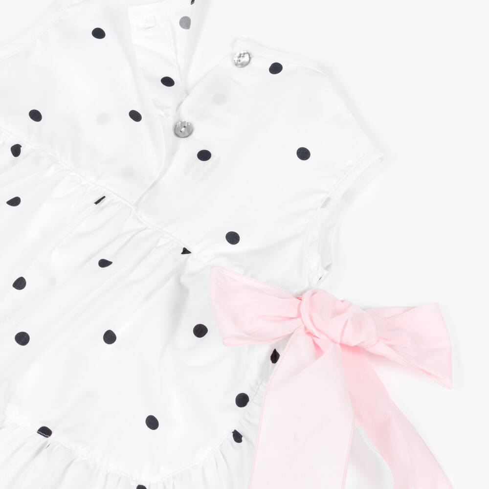 Phi Clothing-Girls Ivory Cotton Polka Dot Blouse with Pink Bows | Childrensalon