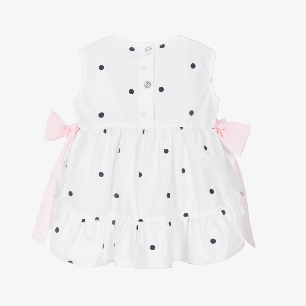 Phi Clothing-Girls Ivory Cotton Polka Dot Blouse with Pink Bows | Childrensalon