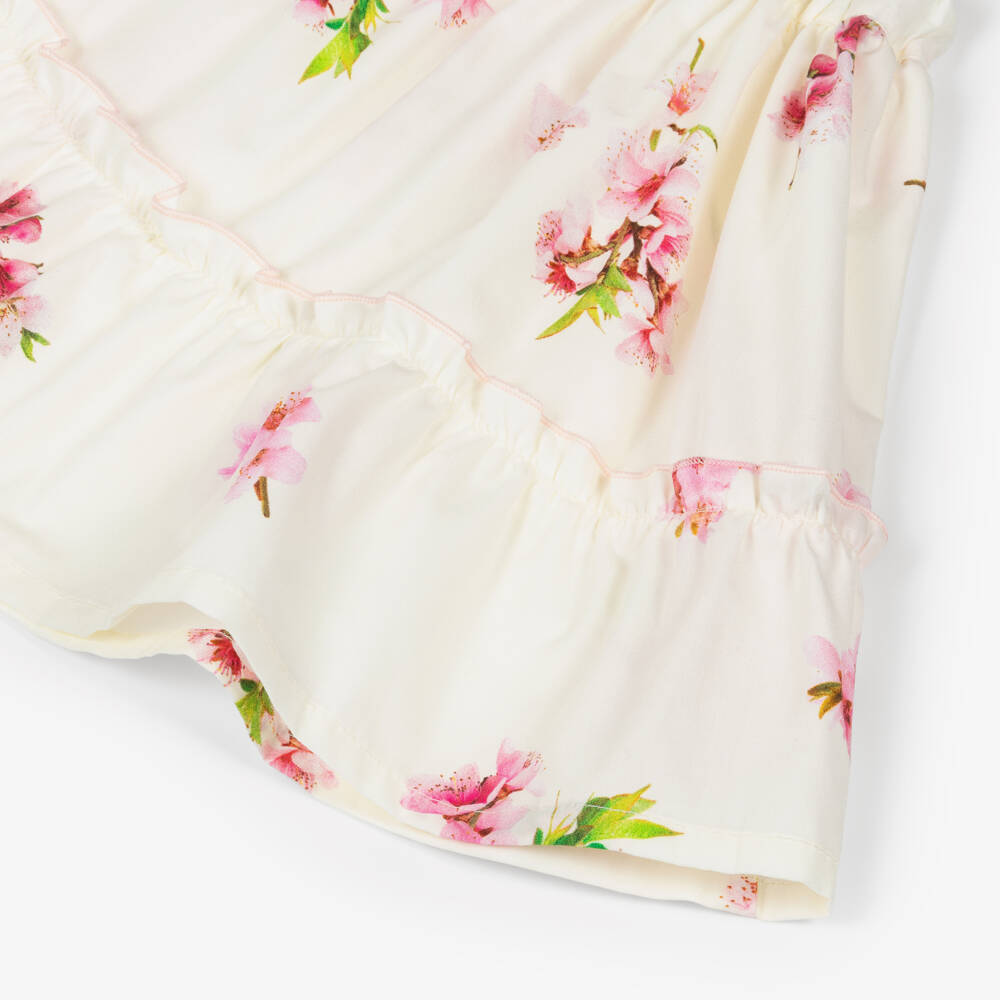Phi Clothing-Girls Ivory Cotton Skirt Set with Pink Apple Blossom Print | Childrensalon