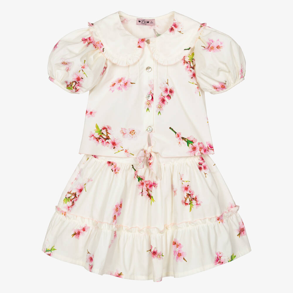 Phi Clothing-Girls Ivory Cotton Skirt Set with Pink Apple Blossom Print | Childrensalon