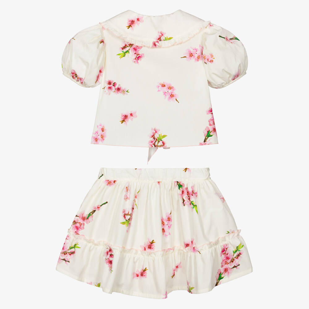 Phi Clothing-Girls Ivory Cotton Skirt Set with Pink Blossom Print | Childrensalon