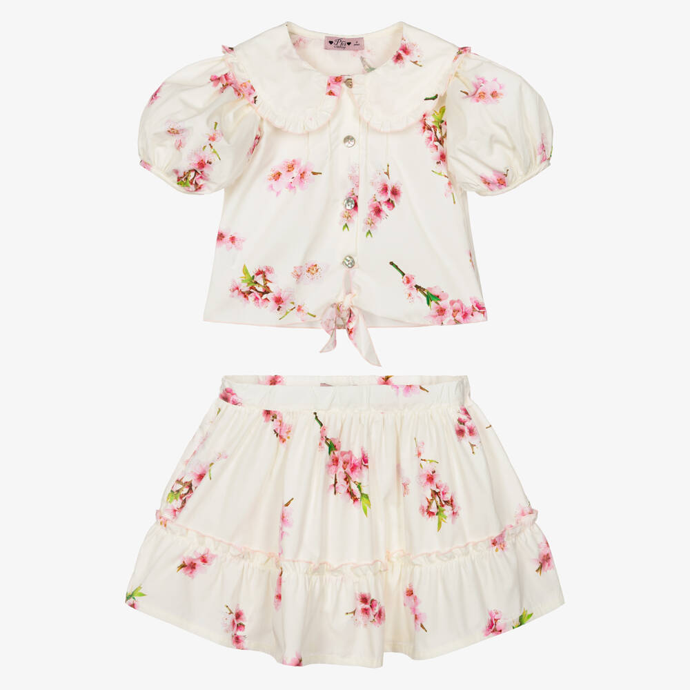 Phi Clothing-Girls Ivory Cotton Skirt Set with Pink Blossom Print | Childrensalon
