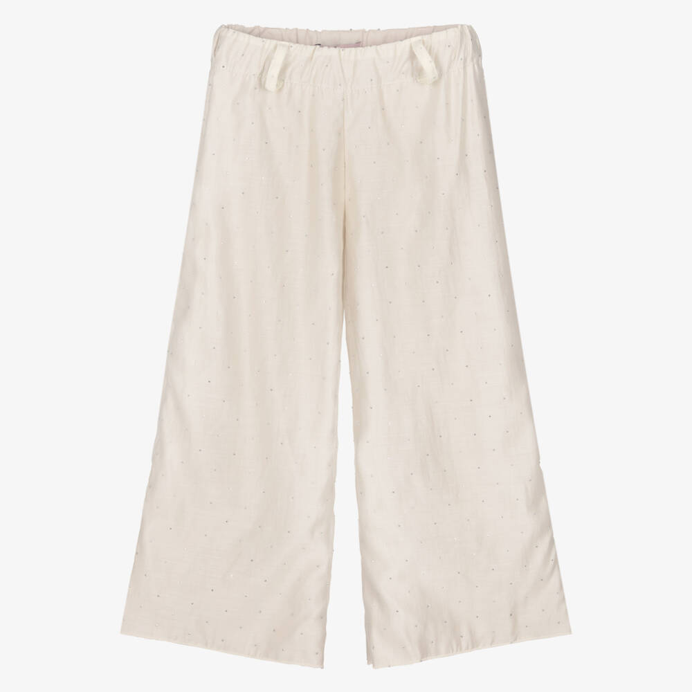 Phi Clothing-Girls Ivory Diamanté Wide Leg Chiffon Trousers | Childrensalon