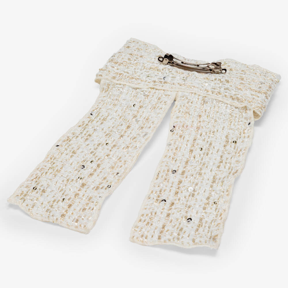 Phi Clothing-Girls Ivory & Gold Tweed Bow Hair Clip (15cm) | Childrensalon
