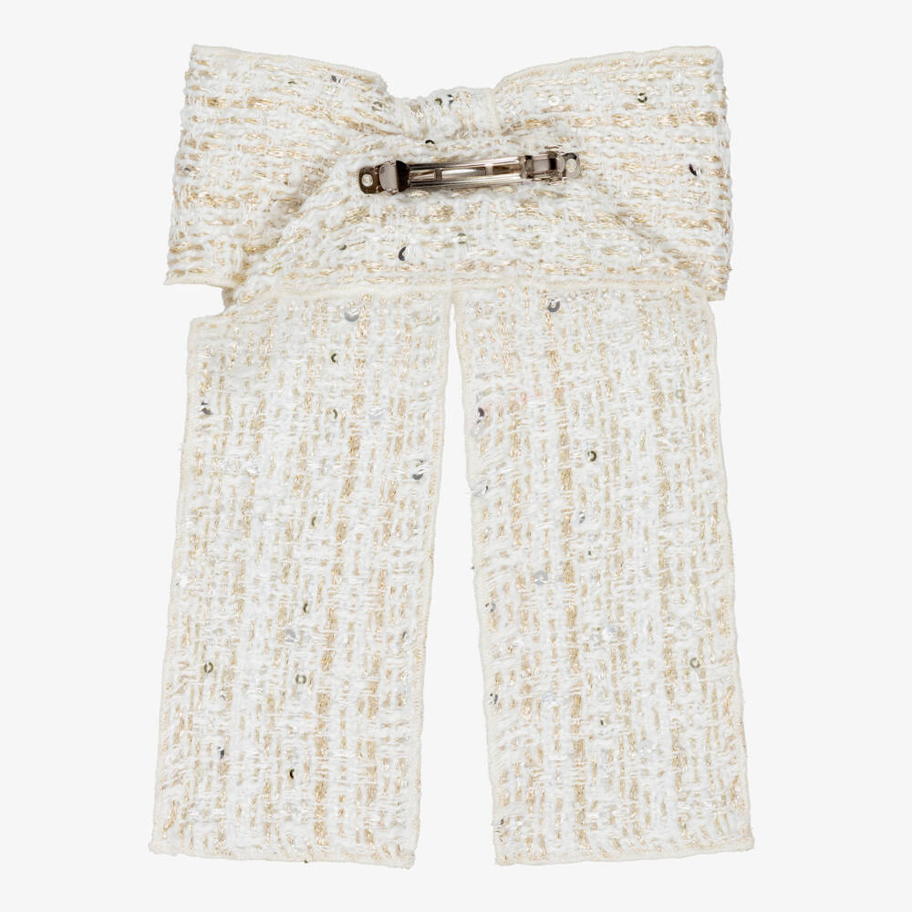 Phi Clothing-Girls Ivory & Gold Tweed Bow Hair Clip (15cm) | Childrensalon