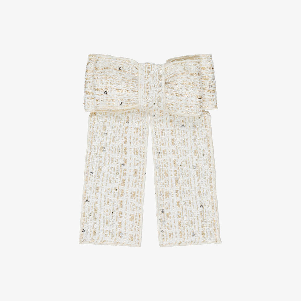 Phi Clothing-Girls Ivory & Gold Tweed Bow Hair Clip (15cm) | Childrensalon