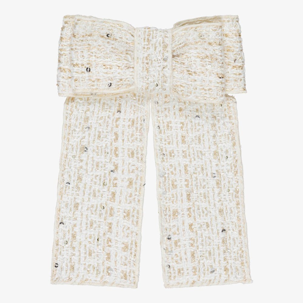 Phi Clothing-Girls Ivory & Gold Tweed Bow Hair Clip (15cm) | Childrensalon