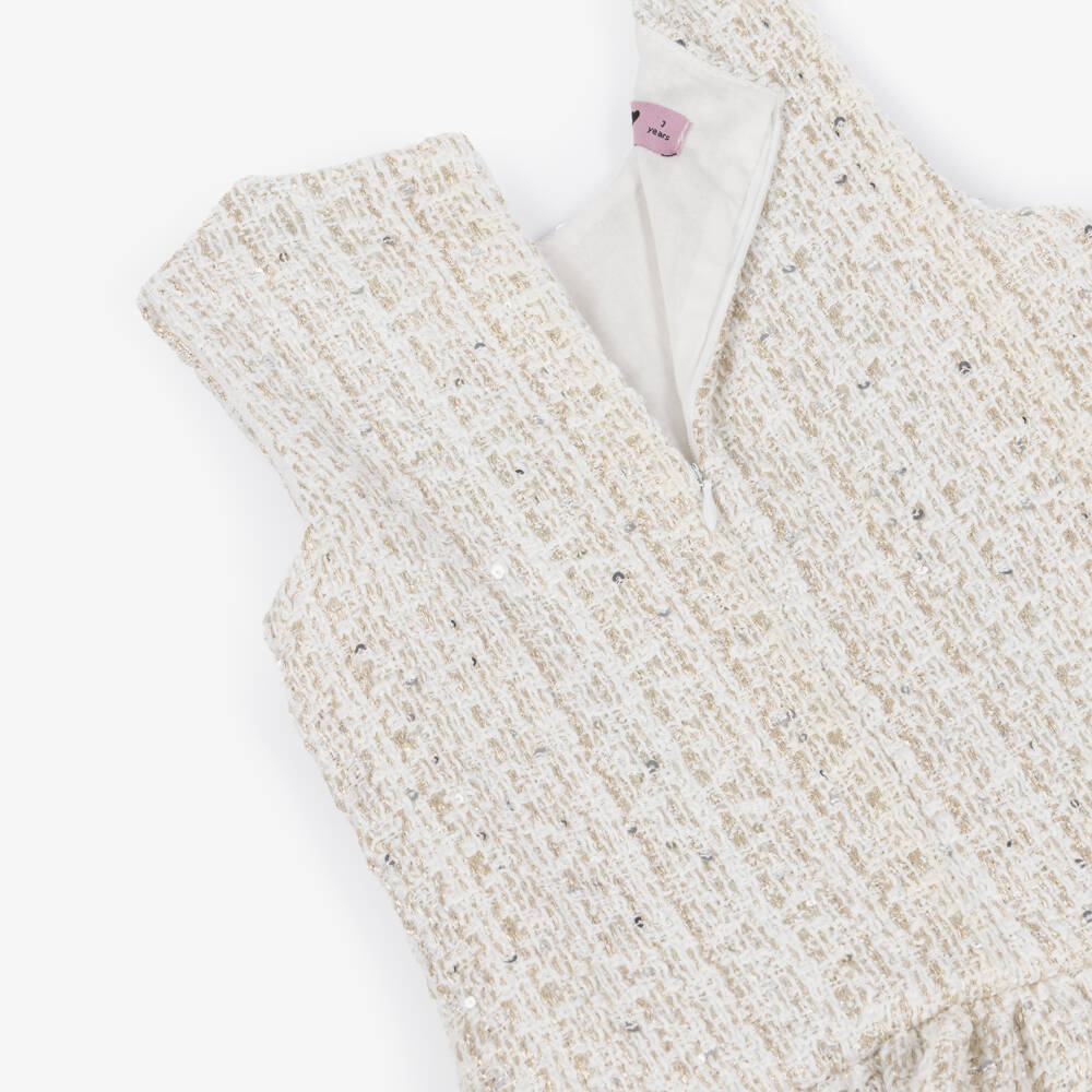 Phi Clothing-فستان بنات تويد مزين بفيونكات لون عاجي وذهبي | Childrensalon
