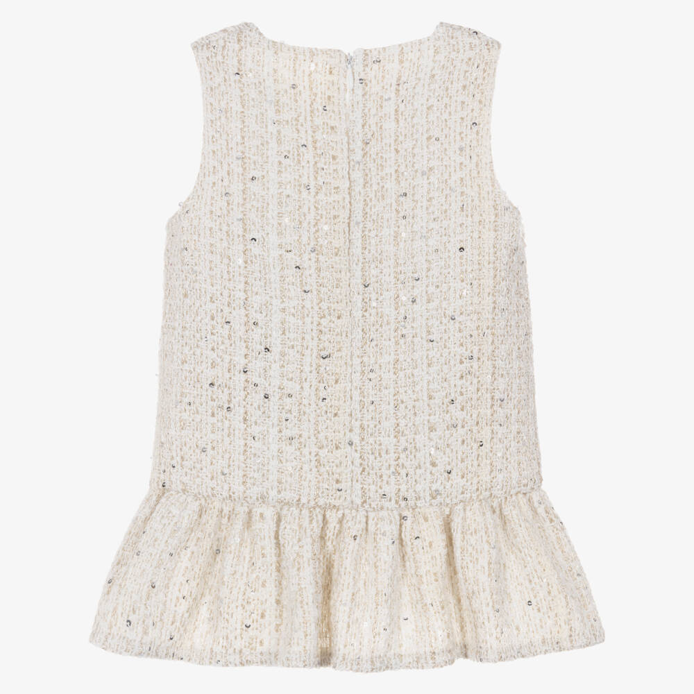 Phi Clothing-فستان بنات تويد مزين بفيونكات لون عاجي وذهبي | Childrensalon