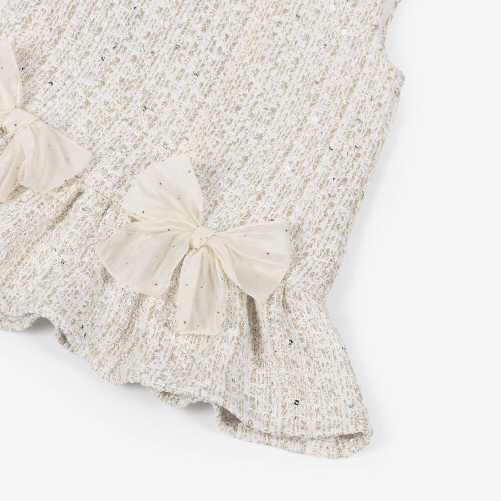 Phi Clothing-فستان بنات تويد مزين بفيونكات لون عاجي وذهبي | Childrensalon