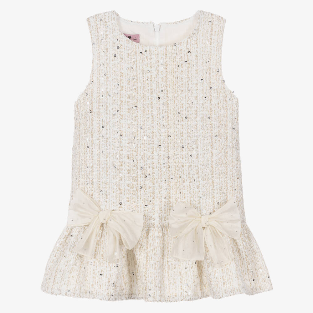 Phi Clothing-Girls Ivory & Gold Tweed Dress with Bows | Childrensalon
