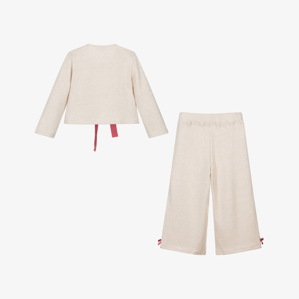 Phi Clothing-Girls Ivory Knitted Trouser Set with Ribbon Ties | Childrensalon