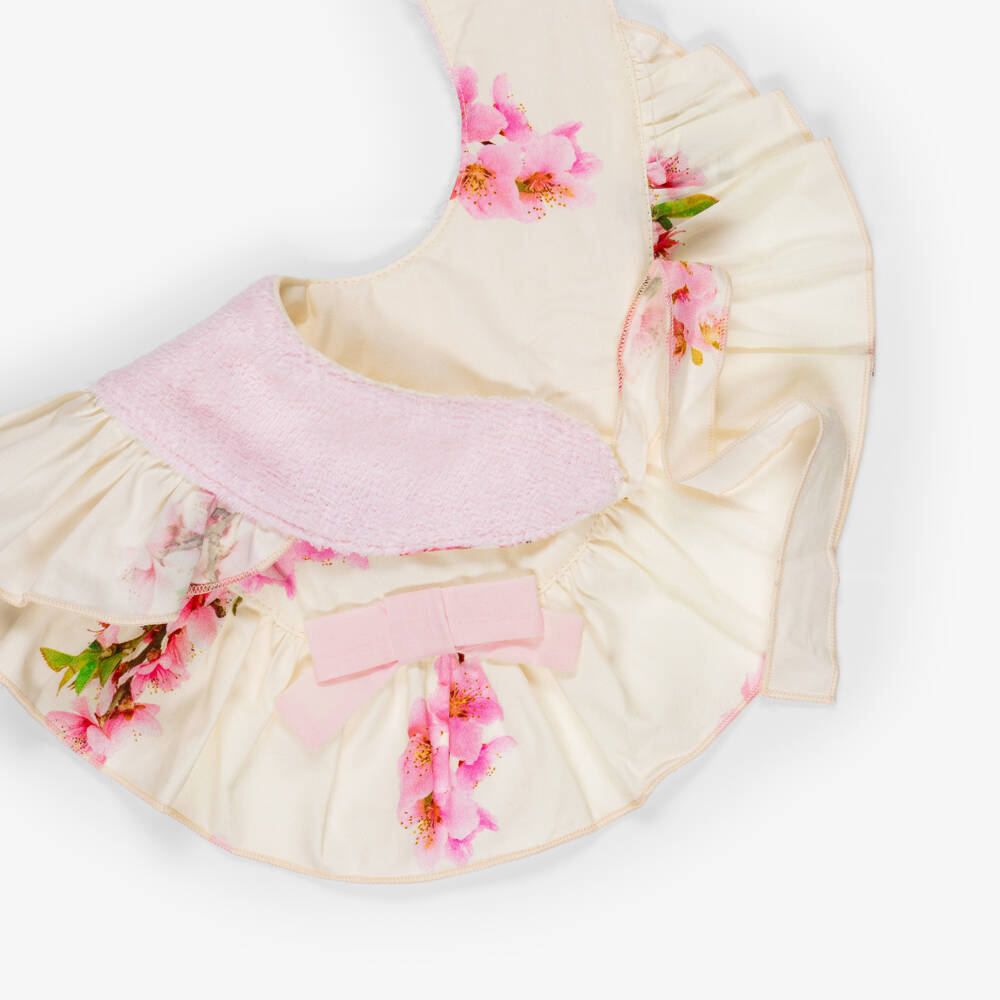 Phi Clothing-Girls Ivory & Pink Blossom Print Cotton Bib | Childrensalon