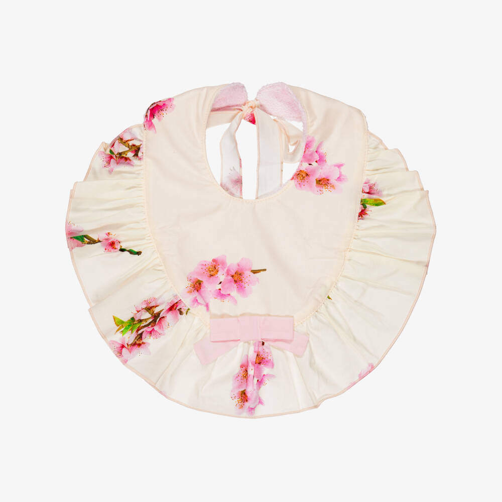 Phi Clothing-Girls Ivory & Pink Blossom Print Cotton Bib | Childrensalon