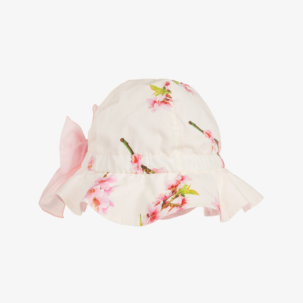 Phi Clothing-Girls Ivory & Pink Blossom Print Cotton Sun Hat | Childrensalon